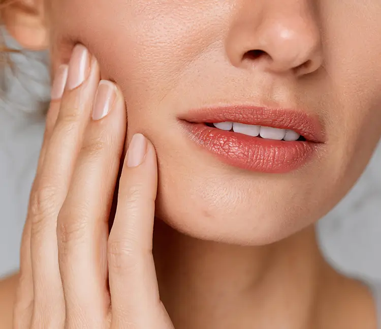 &bdquo;Nahaufnahme des unteren Gesichts einer Frau. Sie legt ihre Hand an die Wange, die Lippen sind leicht ge&ouml;ffnet und die Z&auml;hne sichtbar.